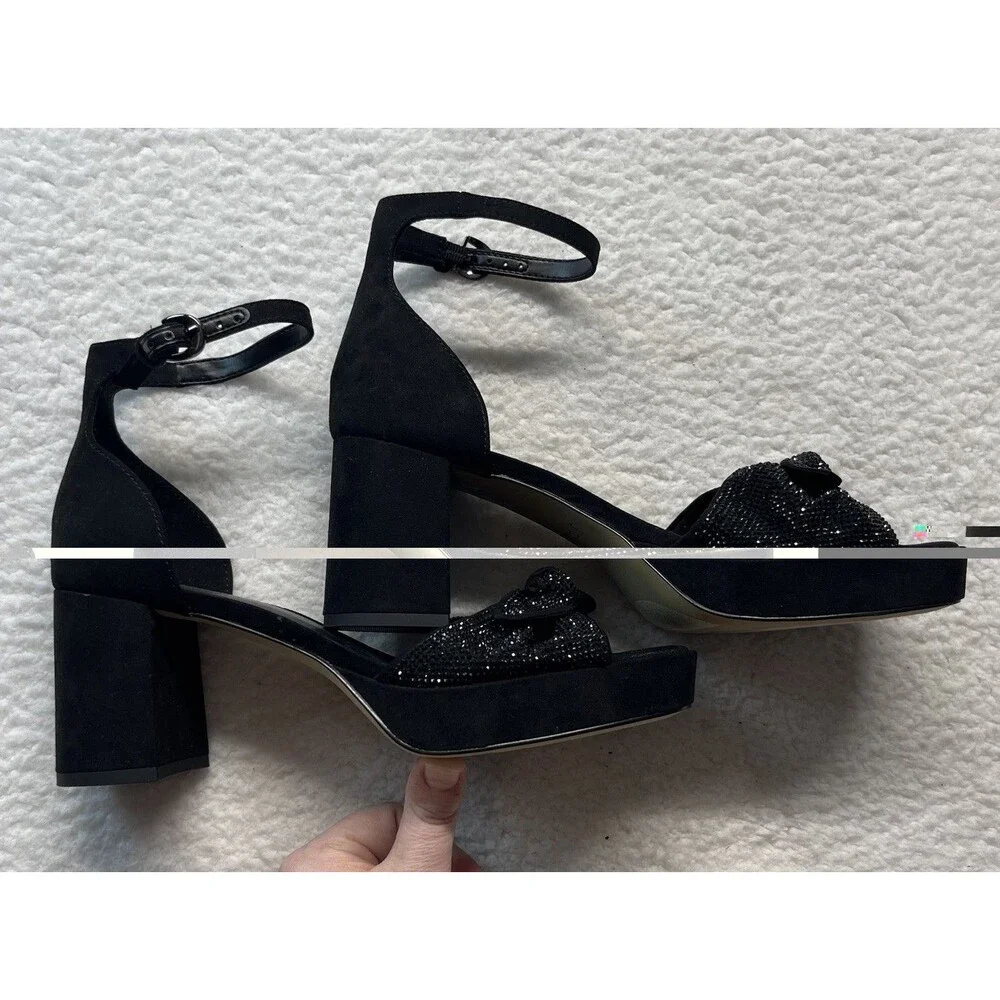J Crew Heels Womens 8 Black Rhinestone Bow Platform Sandal Cocktail Glam Goth